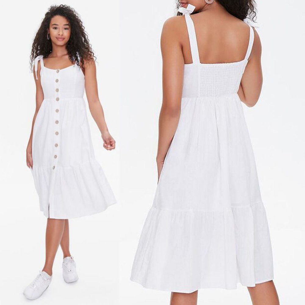 NEW Ivory Linen Blend Tie Straps Button Midi Dress - Picture 8 of 10